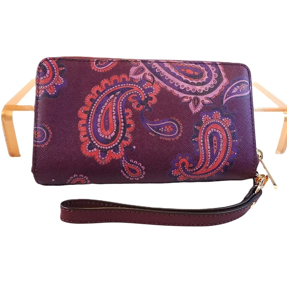 Michael Kors Jet Set Travel Clutch Plum Paisley Print Zip Around Wristlet Wallet - Picture 2 of 12